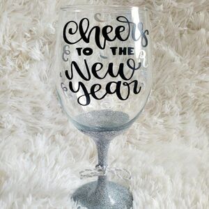 Cheers To The New Year, New Year's Silver Glittered Stemmed Wine Glass